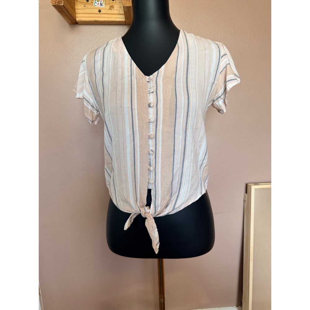 Sim & Sam Small Tan Blue Striped Rayon Button Front Tie Hem Boho Blouse Top S